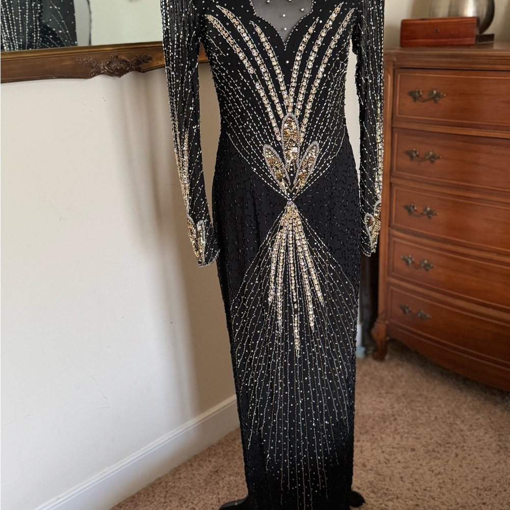 Elegant Black and Gold beaded 100% Silk Long Sleeve Dress